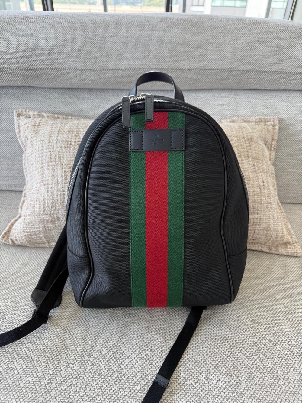 Gucci Black Backpack with Green and Red Center Stripe